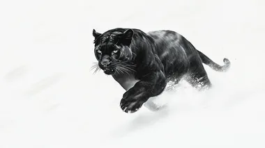 Pure white background,full body of black panther, black leopardrunning in snow mountain, realistic, minimalist