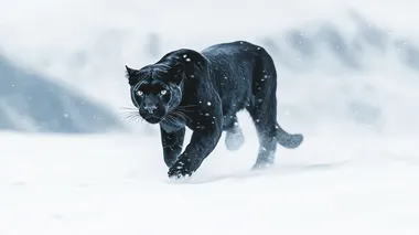 Pure white background,full body of black panther, black leopardrunning in snow mountain, realistic, minimalist
