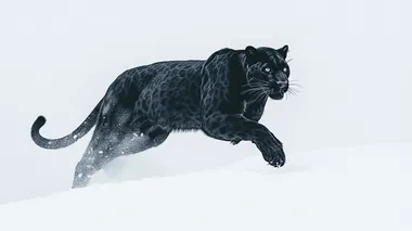 Pure white background,full body of black panther, black leopardrunning in snow mountain, realistic, minimalist