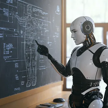 a university teacher telling a robot how to act and how to solve an specific situation. The robot have friendly factions.
