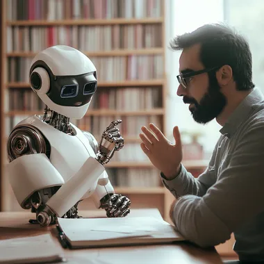 a university teacher telling a robot how to act and how to solve an specific situation. The robot have friendly factions.