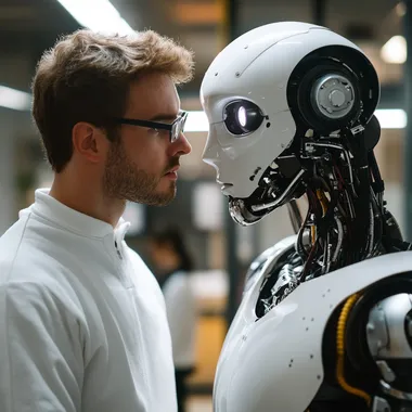 a university teacher telling a robot how to act and how to solve an specific situation. The robot have friendly factions.