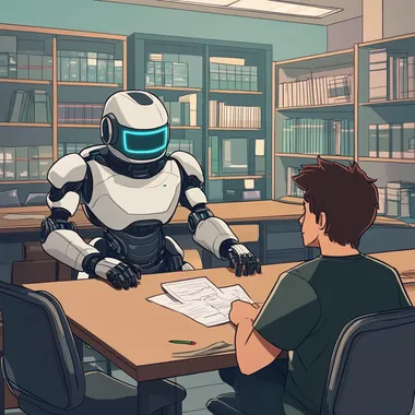 a university teacher telling a robot how to act and how to solve an specific situation. The robot have friendly factions.