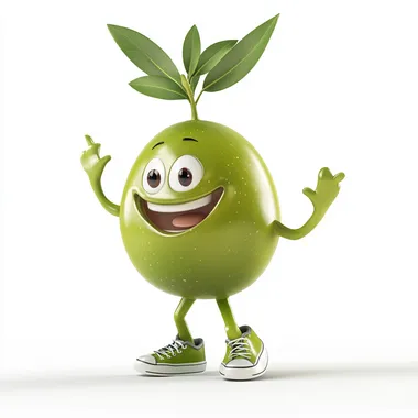 An adorable olive-themed mascot, cartoon-style, with exaggerated happy facial features, playful pose, wearing sneakers, with green leaves sprouting from the stem, glossy 3D render on a white background