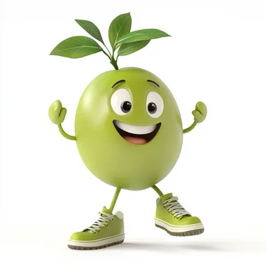 An adorable olive-themed mascot, cartoon-style, with exaggerated happy facial features, playful pose, wearing sneakers, with green leaves sprouting from the stem, glossy 3D render on a white background
