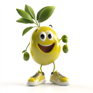 An adorable olive-themed mascot, cartoon-style, with exaggerated happy facial features, playful pose, wearing sneakers, with green leaves sprouting from the stem, glossy 3D render on a white background