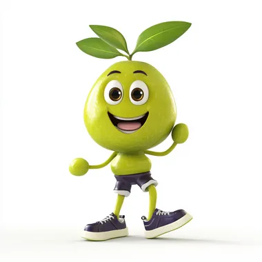 An adorable olive-themed mascot, cartoon-style, with exaggerated happy facial features, playful pose, wearing sneakers, with green leaves sprouting from the stem, glossy 3D render on a white background