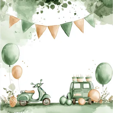 Kids invitation for a birthday party. Pastel green and light brown colours. Watercolor style. Green watercolor stains for background. Greend and light brown flags in top. Green vespa and green car on the bottom. Some baloons and leave some space in the midle for text