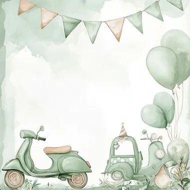 Kids invitation for a birthday party. Pastel green and light brown colours. Watercolor style. Green watercolor stains for background. Greend and light brown flags in top. Green vespa and green car on the bottom. Some baloons and leave some space in the midle for text