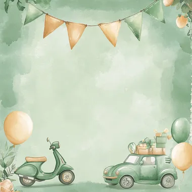 Kids invitation for a birthday party. Pastel green and light brown colours. Watercolor style. Green watercolor stains for background. Greend and light brown flags in top. Green vespa and green car on the bottom. Some baloons and leave some space in the midle for text