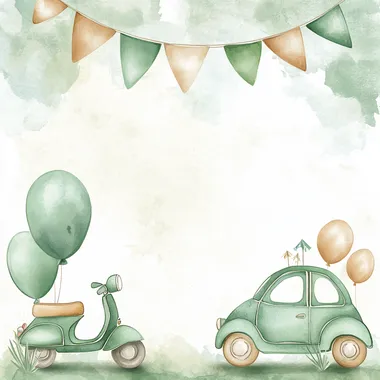 Kids invitation for a birthday party. Pastel green and light brown colours. Watercolor style. Green watercolor stains for background. Greend and light brown flags in top. Green vespa and green car on the bottom. Some baloons and leave some space in the midle for text