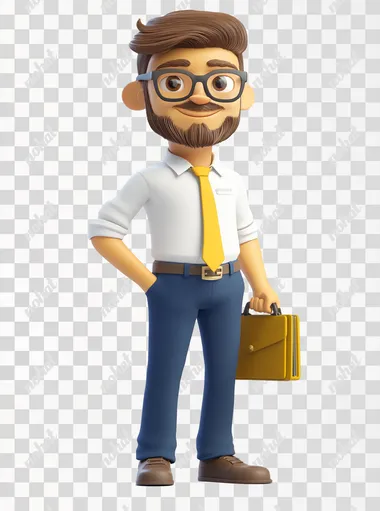 Male white-collar cartoon IP, , yellow skin, wearing glasses, blue cargo, briefcase in hand, white background. 3D model, oc, C4D, Blender, behance, anatomically correct, ccurate, best quality, 8k