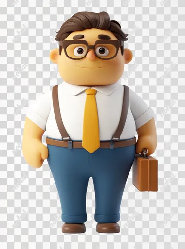 Male white-collar cartoon IP, , yellow skin, wearing glasses, blue cargo, briefcase in hand, white background. 3D model, oc, C4D, Blender, behance, anatomically correct, ccurate, best quality, 8k