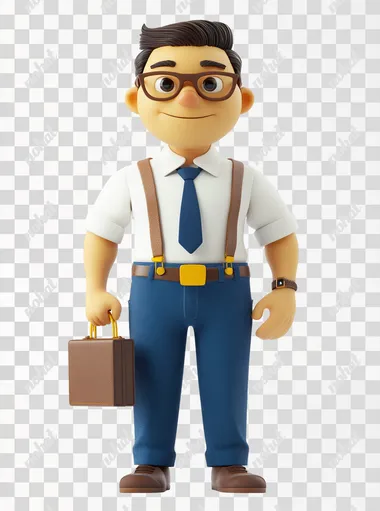 Male white-collar cartoon IP, , yellow skin, wearing glasses, blue cargo, briefcase in hand, white background. 3D model, oc, C4D, Blender, behance, anatomically correct, ccurate, best quality, 8k