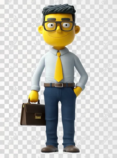 Male white-collar cartoon IP, , yellow skin, wearing glasses, blue cargo, briefcase in hand, white background. 3D model, oc, C4D, Blender, behance, anatomically correct, ccurate, best quality, 8k