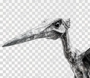 Pteranodon, a flying dinosaur with a long beak and wings isolated on a white background, is a detailed illustration in the style of a professional photograph. The ultra-high-resolution detail of the subject is captured in a close-up shot. This realistic portrayal emphasizes intricate features that showcase natural beauty.