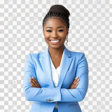 a smiling black woman wearing a blue suit on a isolated white background