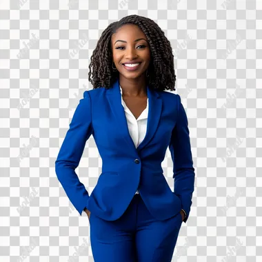 a smiling black woman wearing a blue suit on a isolated white background