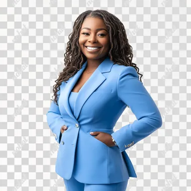 a smiling black woman wearing a blue suit on a isolated white background