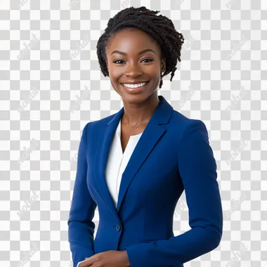 a smiling black woman wearing a blue suit on a isolated white background