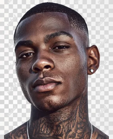 Handsome young black Male with a dark skin frowning. Front view with even skin tone and even lighting and neck tattoos glossy lips. WHITE ackground with perfect skin, highlighting pores and texture, WHITE background.  --raw
