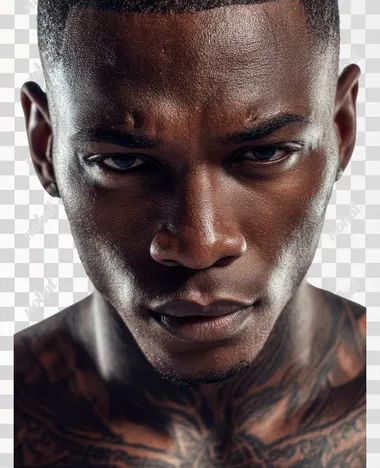 Handsome young black Male with a dark skin frowning. Front view with even skin tone and even lighting and neck tattoos glossy lips. WHITE ackground with perfect skin, highlighting pores and texture, WHITE background.  --raw