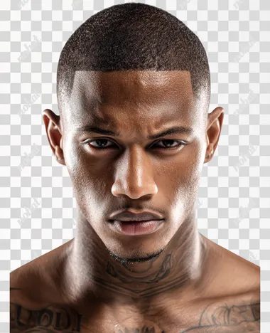 Handsome young black Male with a dark skin frowning. Front view with even skin tone and even lighting and neck tattoos glossy lips. WHITE ackground with perfect skin, highlighting pores and texture, WHITE background.  --raw