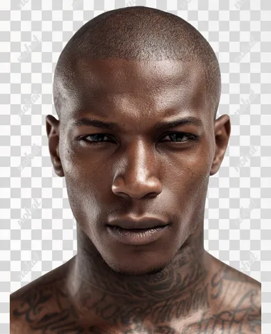 Handsome young black Male with a dark skin frowning. Front view with even skin tone and even lighting and neck tattoos glossy lips. WHITE ackground with perfect skin, highlighting pores and texture, WHITE background.  --raw