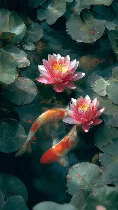 Photographic image, lotus pond scenery, clean and bright colors, natural light, rich details, two small fish swimming, wide-angle lens, high resolution   --raw