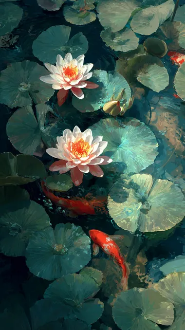 Photographic image, lotus pond scenery, clean and bright colors, natural light, rich details, two small fish swimming, wide-angle lens, high resolution   --raw