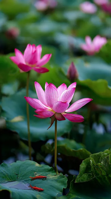 Photographic image, lotus pond scenery, clean and bright colors, natural light, rich details, two small fish swimming, wide-angle lens, high resolution   --raw