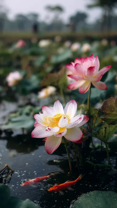 Photographic image, lotus pond scenery, clean and bright colors, natural light, rich details, two small fish swimming, wide-angle lens, high resolution   --raw