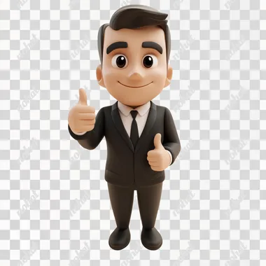 Man in suit, solid build, short hair, thumbs up gesture, fisheye lens, top view, bird's eye view, 3D cartoon character
