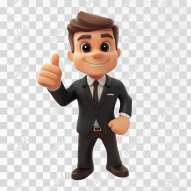 Man in suit, solid build, short hair, thumbs up gesture, fisheye lens, top view, bird's eye view, 3D cartoon character