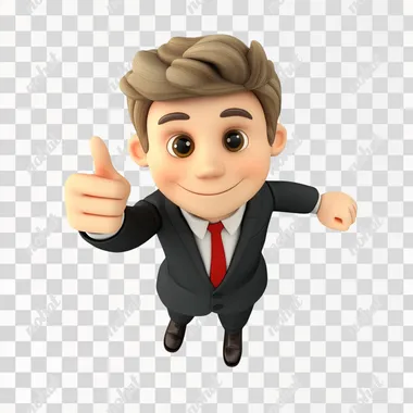 Man in suit, solid build, short hair, thumbs up gesture, fisheye lens, top view, bird's eye view, 3D cartoon character