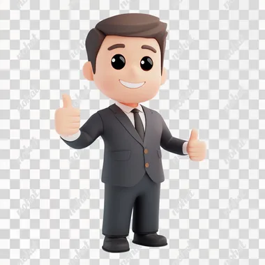 Man in suit, solid build, short hair, thumbs up gesture, fisheye lens, top view, bird's eye view, 3D cartoon character