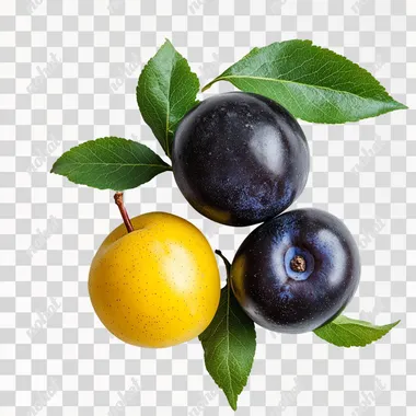 photo on a white background lie three juicy black plums and yellow ones with green leaves
