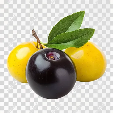 photo on a white background lie three juicy black plums and yellow ones with green leaves
