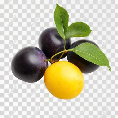 photo on a white background lie three juicy black plums and yellow ones with green leaves