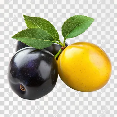 photo on a white background lie three juicy black plums and yellow ones with green leaves