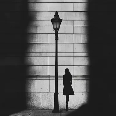 a black and white street photography style of a shadow of a woman walking alone in the street underneath a street lamp