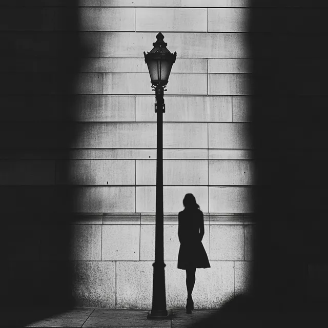 Shadow of Woman Walking Alone Under Street Lamp in Urban Setting