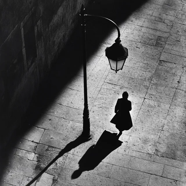 Shadow of a Woman Walking Alone Under a Street Lamp in Urban Setting