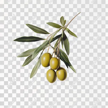 Hyperrealistic product photography of three green olives attached to a small olive branch, with some olive leaves surrounding them, on a completely white background, as if they were professionally photographed in a studio environment. The olives are centered in the foreground, with more importance than the branch and the leaves. There is no text or typography visible, focusing solely on visual appeal to showcase the natural beauty and quality of these olives. White background, hiperrealistic, producto photography.