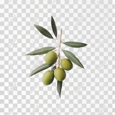 Hyperrealistic product photography of three green olives attached to a small olive branch, with some olive leaves surrounding them, on a completely white background, as if they were professionally photographed in a studio environment. The olives are centered in the foreground, with more importance than the branch and the leaves. There is no text or typography visible, focusing solely on visual appeal to showcase the natural beauty and quality of these olives. White background, hiperrealistic, producto photography.