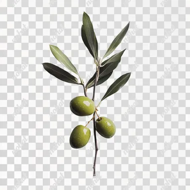 Hyperrealistic product photography of three green olives attached to a small olive branch, with some olive leaves surrounding them, on a completely white background, as if they were professionally photographed in a studio environment. The olives are centered in the foreground, with more importance than the branch and the leaves. There is no text or typography visible, focusing solely on visual appeal to showcase the natural beauty and quality of these olives. White background, hiperrealistic, producto photography.