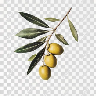 Hyperrealistic product photography of three green olives attached to a small olive branch, with some olive leaves surrounding them, on a completely white background, as if they were professionally photographed in a studio environment. The olives are centered in the foreground, with more importance than the branch and the leaves. There is no text or typography visible, focusing solely on visual appeal to showcase the natural beauty and quality of these olives. White background, hiperrealistic, producto photography.