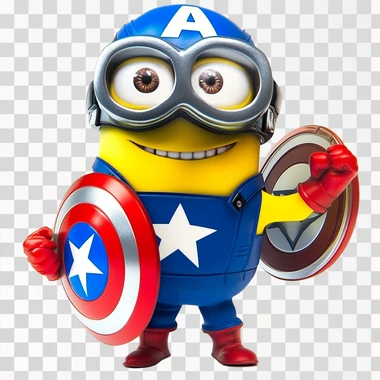 A Minion dressed as Captain America, sporting a blue superhero suit with a white star emblem on the chest, red gloves, and boots. The Minion holds Captain America's iconic shield with a red, white, and blue design, while wearing a helmet marked with an "A." Its signature goggles and mischievous smile add a playful touch to the heroic pose.