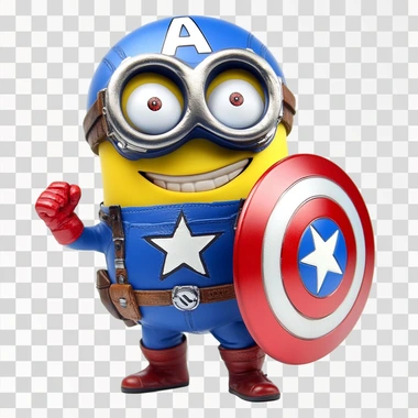 A Minion dressed as Captain America, sporting a blue superhero suit with a white star emblem on the chest, red gloves, and boots. The Minion holds Captain America's iconic shield with a red, white, and blue design, while wearing a helmet marked with an "A." Its signature goggles and mischievous smile add a playful touch to the heroic pose.