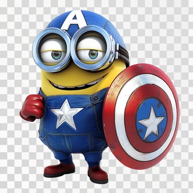 A Minion dressed as Captain America, sporting a blue superhero suit with a white star emblem on the chest, red gloves, and boots. The Minion holds Captain America's iconic shield with a red, white, and blue design, while wearing a helmet marked with an "A." Its signature goggles and mischievous smile add a playful touch to the heroic pose.